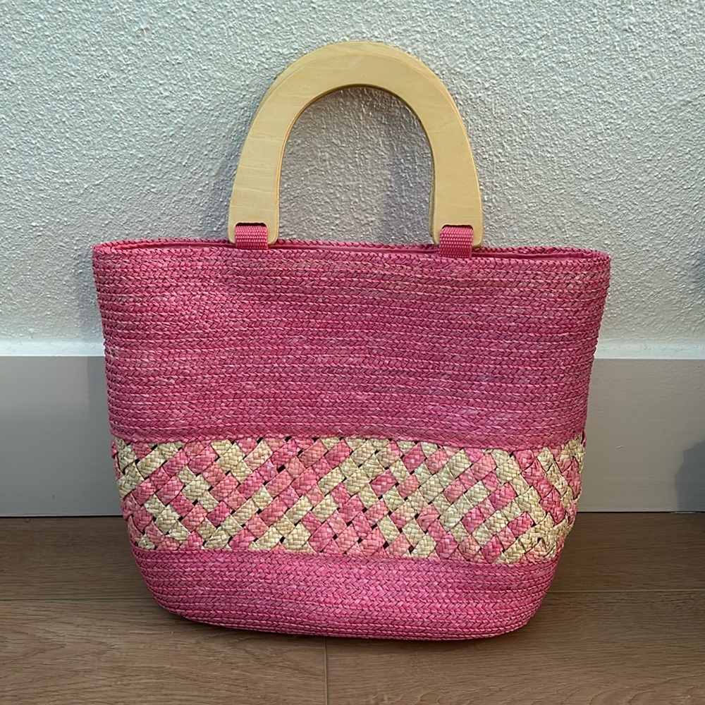 Vintage Straw Bag with Wooden Handles